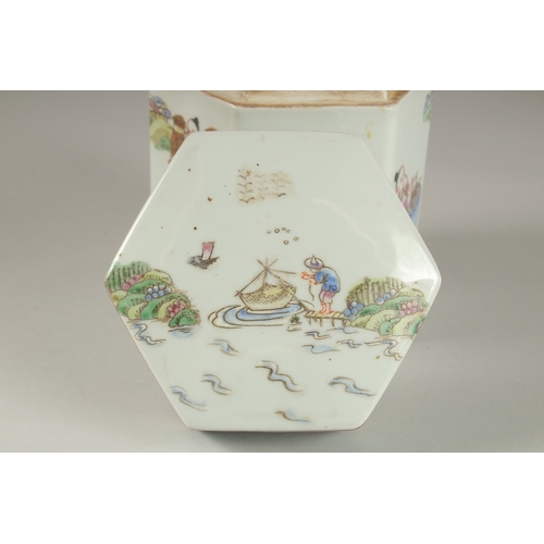 4 - A CHINESE CANTON PORCELAIN VASE AND HEXAGONAL PORCELAIN TEA CADDY, (2).