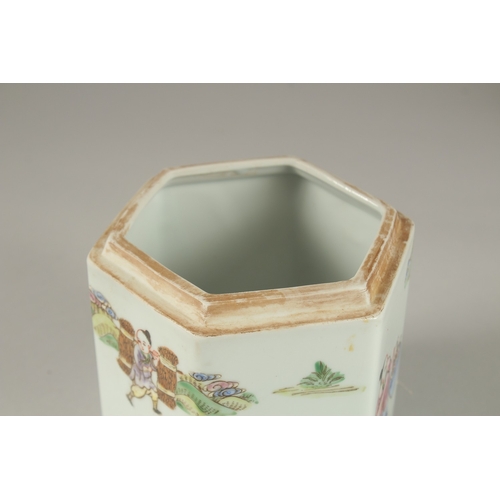 4 - A CHINESE CANTON PORCELAIN VASE AND HEXAGONAL PORCELAIN TEA CADDY, (2).