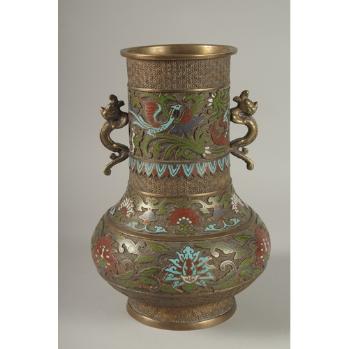 41 - A LARGE CLOISONNE ENAMELLED BRASS TWIN HANDLE VASE, 30cm high.