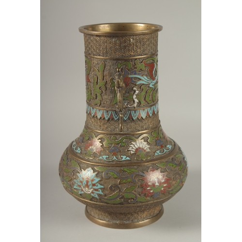 41 - A LARGE CLOISONNE ENAMELLED BRASS TWIN HANDLE VASE, 30cm high.