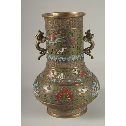 41 - A LARGE CLOISONNE ENAMELLED BRASS TWIN HANDLE VASE, 30cm high.