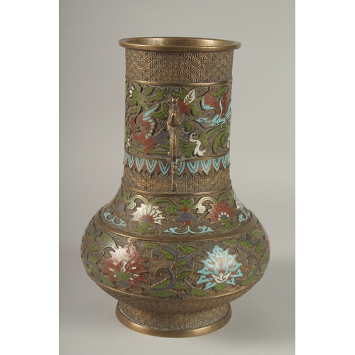 41 - A LARGE CLOISONNE ENAMELLED BRASS TWIN HANDLE VASE, 30cm high.