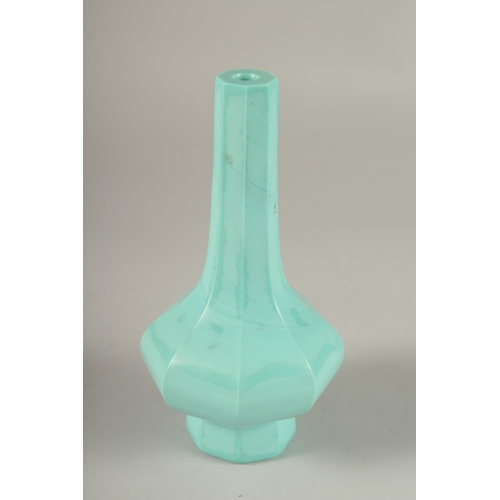 64 - A FINE CHINESE OCTAGONAL TURQUOISE PEKING GLASS BOTTLE VASE, 19cm high.