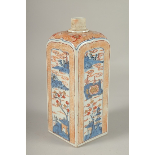 67 - A FINE JAPANESE OR CHINESE PORCELAIN SQUARE FORM BOTTLE, painted with tall panels of landscape scene... 