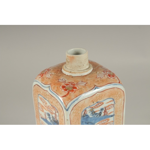 67 - A FINE JAPANESE OR CHINESE PORCELAIN SQUARE FORM BOTTLE, painted with tall panels of landscape scene... 