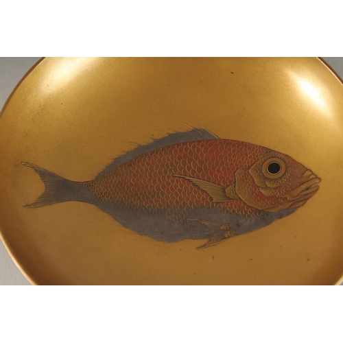 68 - A FINE JAPANESE GILT LACQUER DISH, central fish design with very finely painted scales, signed to ba... 