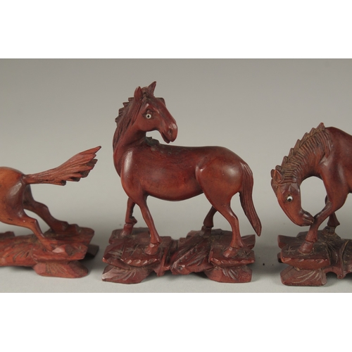 7 - A COLLECTION OF CARVED WOOD HORSES, with inlaid eyes, (6).