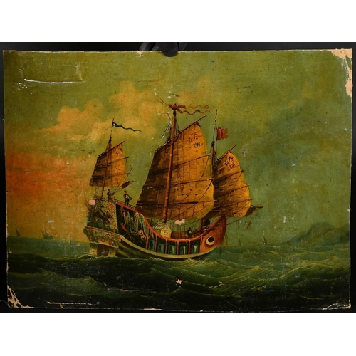 77 - 19TH CENTURY ANGLO-CHINESE SCHOOL, A JUNK AT FULL SAIL, oil on canvas, 17