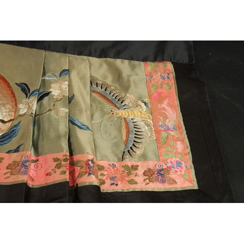 78 - A FINE LARGE CHINESE EMBROIDERED SILK TEXTILE, decorated with peach and bats with butterflies and fl... 