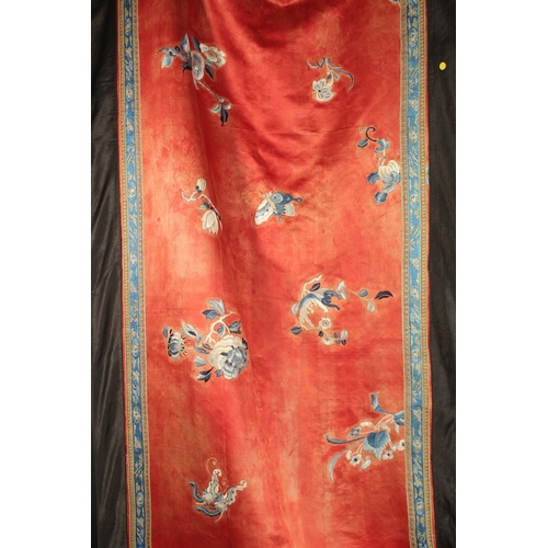 78 - A FINE LARGE CHINESE EMBROIDERED SILK TEXTILE, decorated with peach and bats with butterflies and fl... 