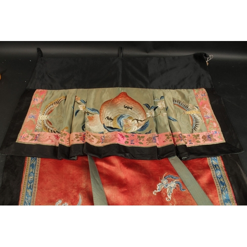 78 - A FINE LARGE CHINESE EMBROIDERED SILK TEXTILE, decorated with peach and bats with butterflies and fl... 