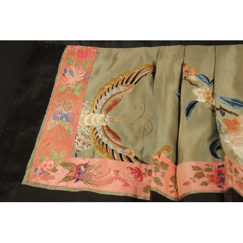 78 - A FINE LARGE CHINESE EMBROIDERED SILK TEXTILE, decorated with peach and bats with butterflies and fl... 