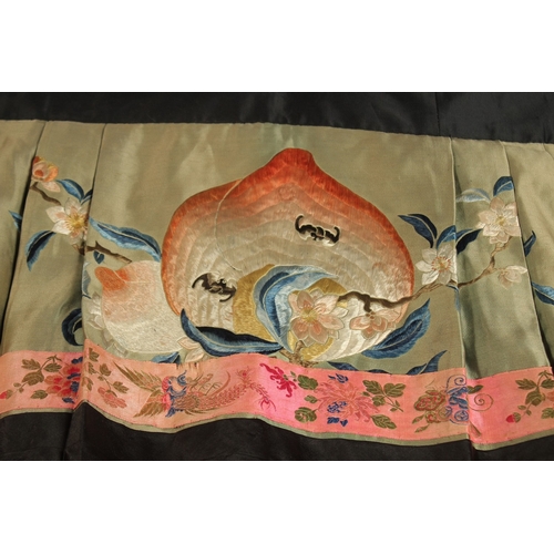 78 - A FINE LARGE CHINESE EMBROIDERED SILK TEXTILE, decorated with peach and bats with butterflies and fl... 