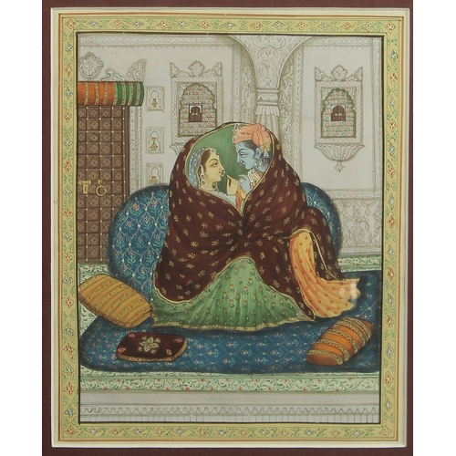 79 - AN INDIAN PAINTING ON SILK DEPICTING TWO LOVERS, with finely painted interior details and foliate bo... 