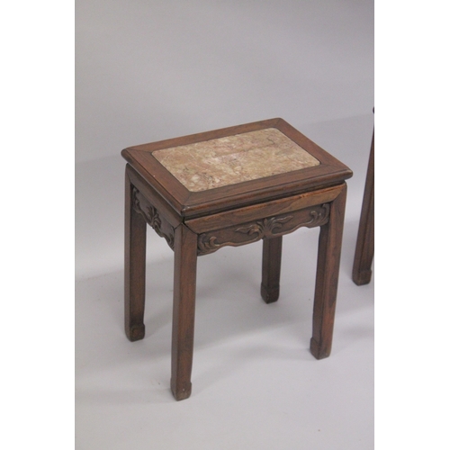 81 - A PAIR OF CHINESE MARBLE INSET RECTANGULAR STANDS, 51cm high, top 41cm x 31cm.