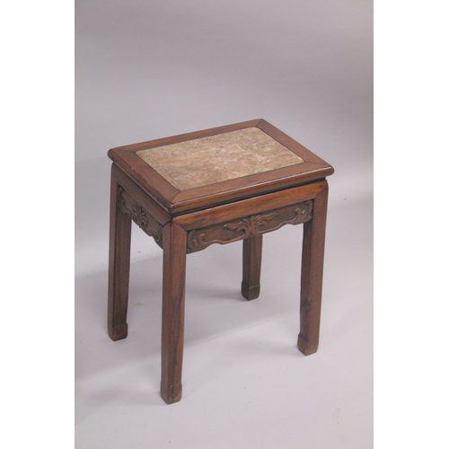 81 - A PAIR OF CHINESE MARBLE INSET RECTANGULAR STANDS, 51cm high, top 41cm x 31cm.