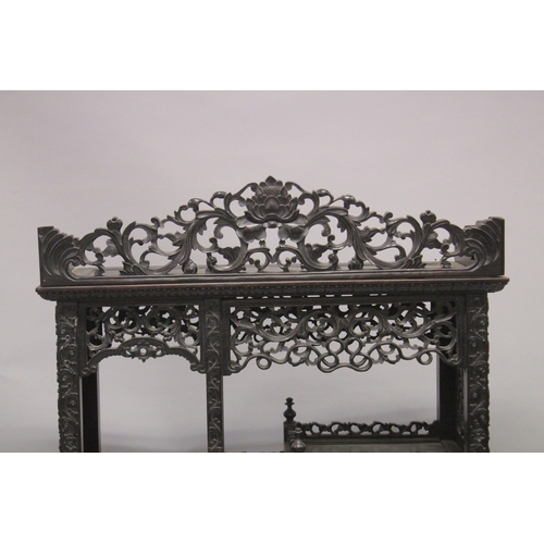 82 - A FINE CHINESE CARVED OPENWORK HARDWOOD DISPLAY CABINET, 154cm high, 8cm wide, 36cm deep.