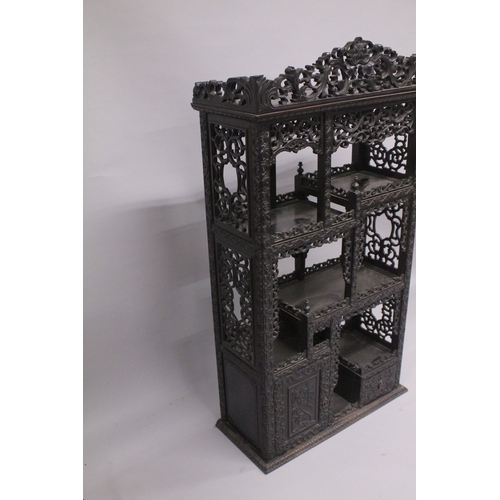 82 - A FINE CHINESE CARVED OPENWORK HARDWOOD DISPLAY CABINET, 154cm high, 8cm wide, 36cm deep.