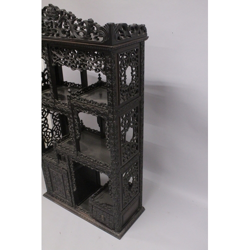 82 - A FINE CHINESE CARVED OPENWORK HARDWOOD DISPLAY CABINET, 154cm high, 8cm wide, 36cm deep.