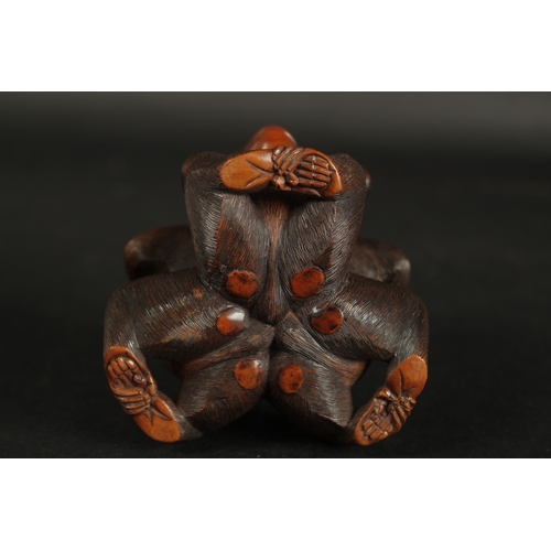 84 - A VERY FINE JAPANESE CARVED WOOD OKIMONO OF THREE WISE MONKEYS WITH GLASS BALL, in the manner of Mas... 