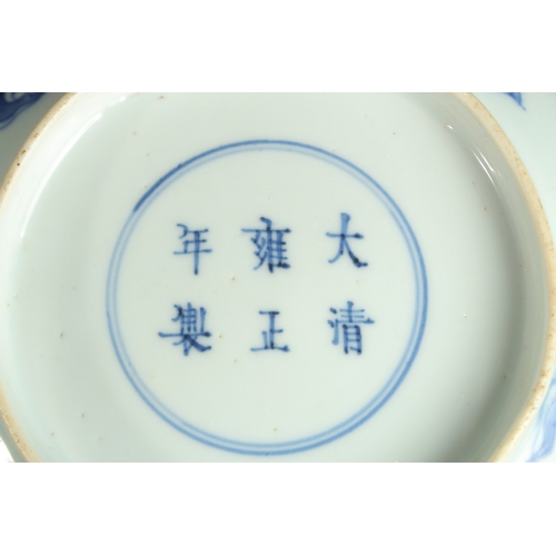 85 - A PAIR OF CHINESE KANGXI BLUE AND WHITE PORCELAIN DRAGON DISHES, each base with character mark, 15cm... 