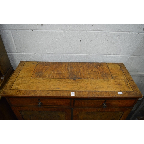 197 - A 19th century burr wood side cabinet with two drawers and pair of panelled cupboard doors.