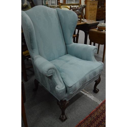 275 - A good George III design wing armchair with classical turquoise upholstery on carved cabriole legs w... 