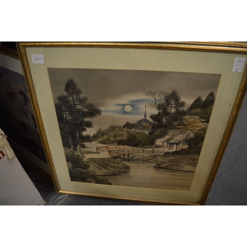 339 - A pair of Japanese landscapes together with a group of equine prints.