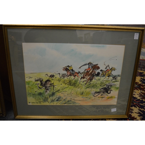 350 - Lionel Edwards, Steeplechase scene, colour print, pencil signed and three other pictures.