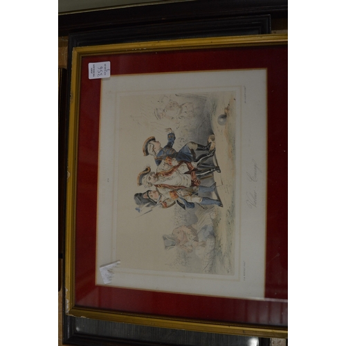 356 - A pair of colour engravings depicting playful children and a Chinese watercolour painting.