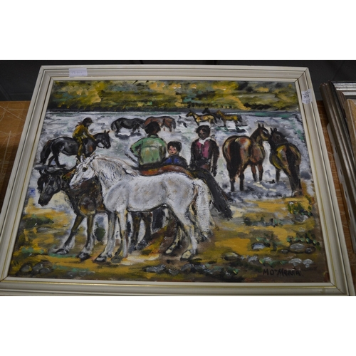 371 - O'Meara, children with ponies, oil on canvas, signed and three other oil paintings.