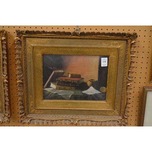 379 - Still life of books and a vase together with another similar, both in decorative gilt frames.