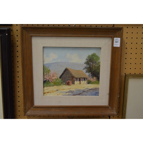 385 - Continental rural landscape with building, oil on board, signed.