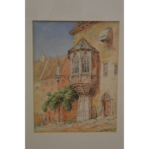 389 - F J Lott, classical building with mullioned windows, figures to the exterior, watercolour, signed to... 