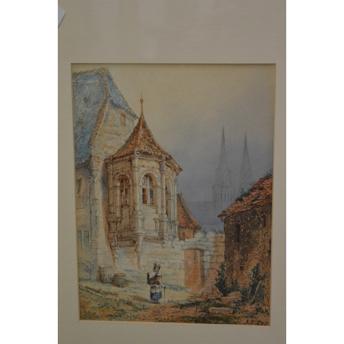 389 - F J Lott, classical building with mullioned windows, figures to the exterior, watercolour, signed to... 