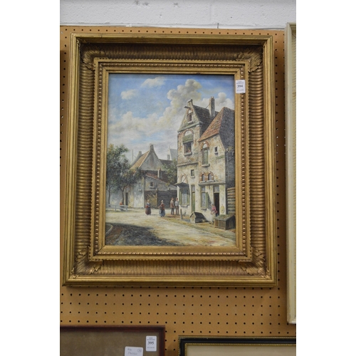 394 - L Dumont, Dutch street scene with figures, oil on panel.