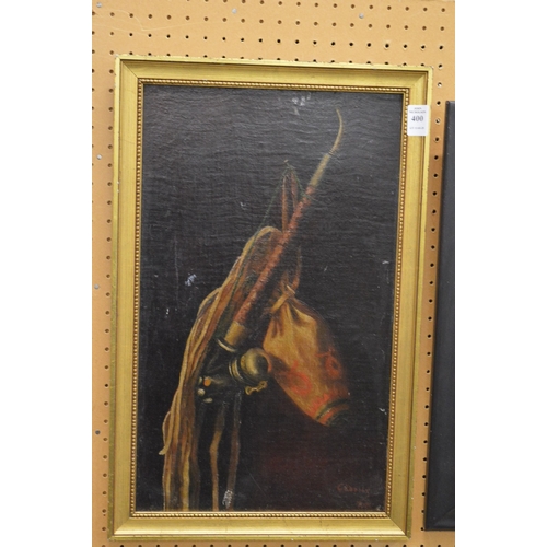 400 - Cassidy, study of a pipe and tobacco pouch, oil on canvas, signed.