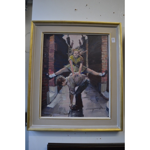 406 - T Brown, Leapfrog, oil on board, signed.