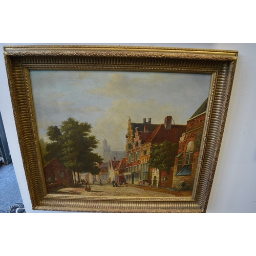 411 - L Roth, Dutch street scene with buildings, trees and figures, oil on canvas, signed.