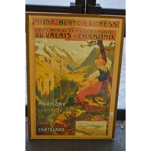 412 - A group of three French and Swiss travel posters, reproductions, framed and glazed.