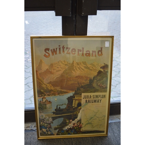 412 - A group of three French and Swiss travel posters, reproductions, framed and glazed.