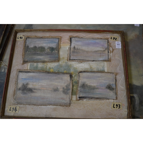 426 - George Weissbort, four small landscape paintings, oil on canvas, laid onto an old print and two othe... 