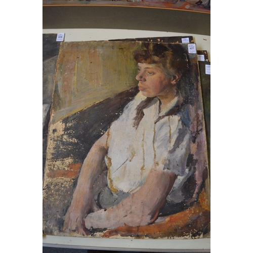 427 - George Weissbort, seated female figure, oil on canvas, unframed and four other art works, all unfram... 