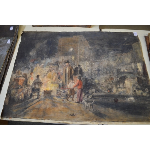 428 - George Weissbort, figures gathering around a camp fire, watercolour, unframed.