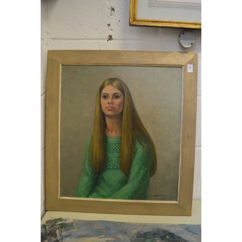 431 - Kathleen Townsend, head and shoulders portrait of a young girl with long hair, oil on board.