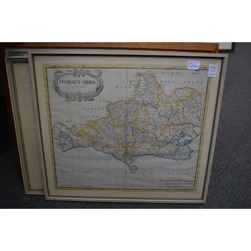 435 - Robert Morden, part hand coloured map of 'Dorsetshire' and two other framed and glazed maps.