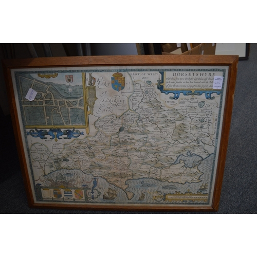 435 - Robert Morden, part hand coloured map of 'Dorsetshire' and two other framed and glazed maps.