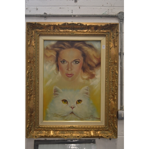 438 - Gastone Peirano, head study of a young female and a cat, oil on canvas, signed.