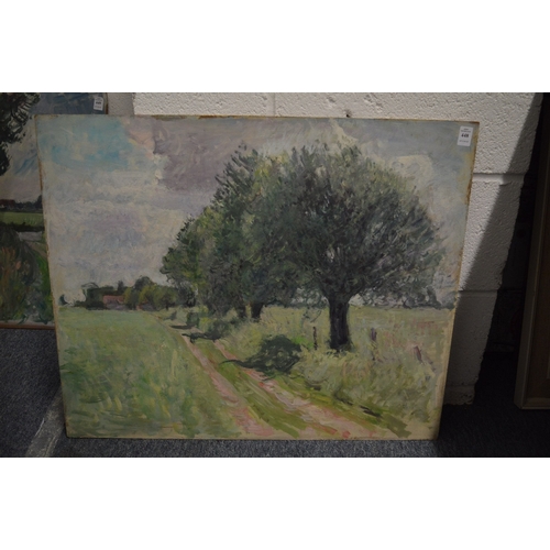 448 - George Weissbort, country track with trees, oil on board, unframed.