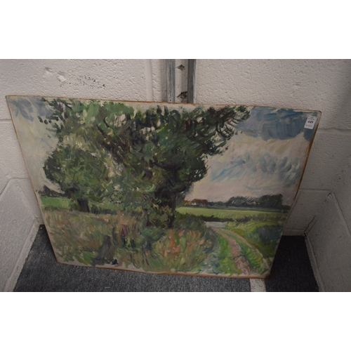 449 - George Weissbort, a country track with trees and fields with buildings in the distance, oil on board... 